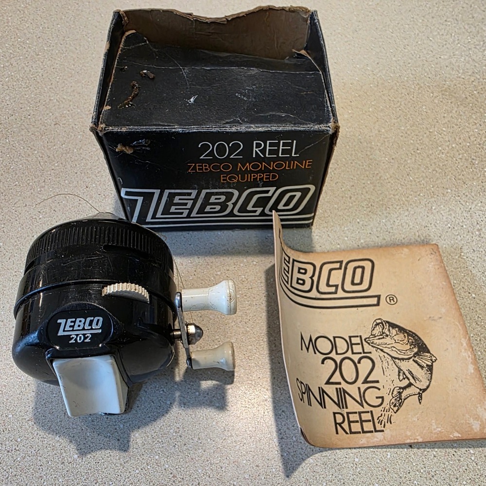 Zebco 202 Spincast Fishing Reel Black Vintage Made in USA with Box Manual